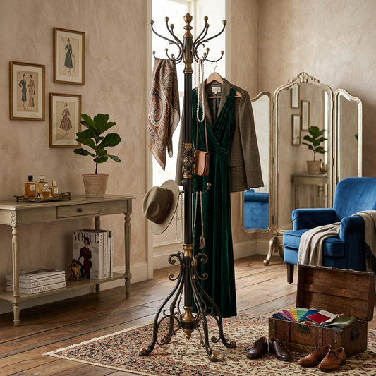 Vintage Black & Antique Brass Freestanding Coat Rack – Ornate Metal Hall Tree with Scrolled Legs