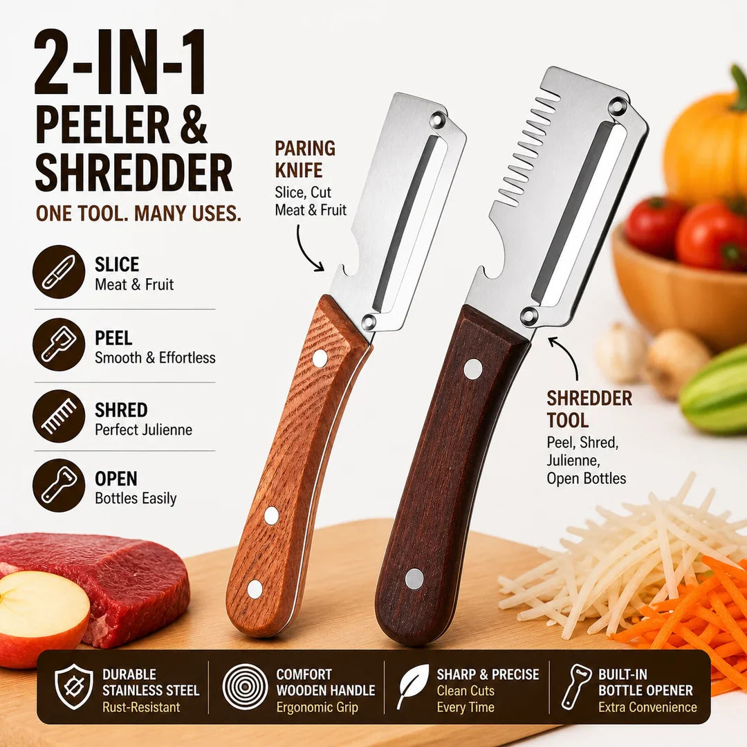 Wooden-Handled Stainless Steel Shredder and Peeler